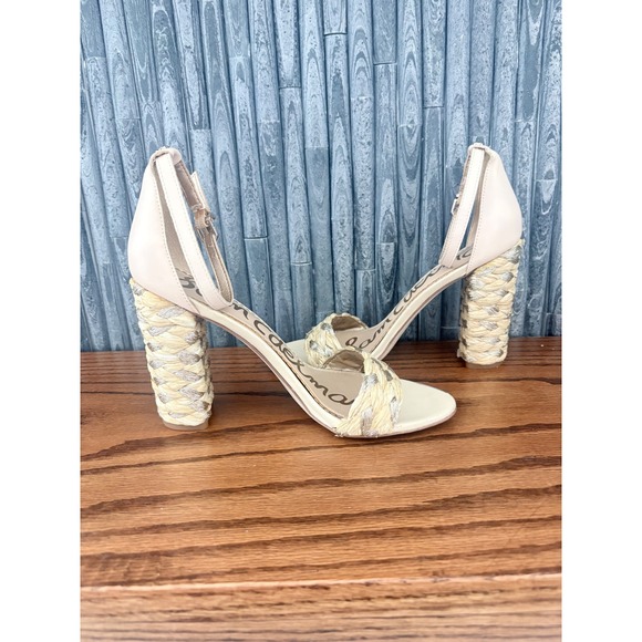 Sam Edelman Woven Raffia Block Heel Sandals Beige Metallic Silver Ankle Strap 7 - Picture 2 of 6